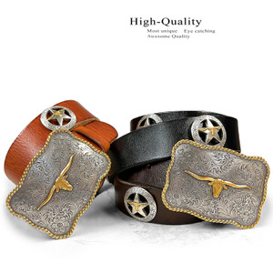 Western Antique Gold Longhorn Buckle Conchos Belt Genuine Full Grain Leather Belt 1-1/2"(38mm) Wide